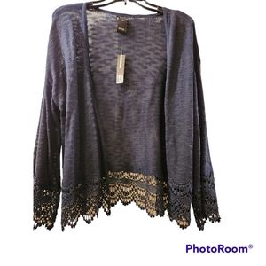 NAVY BLUE SWEATER WITH LACE ON SLEEVES AND BOTTOM OF SWEATER NWT